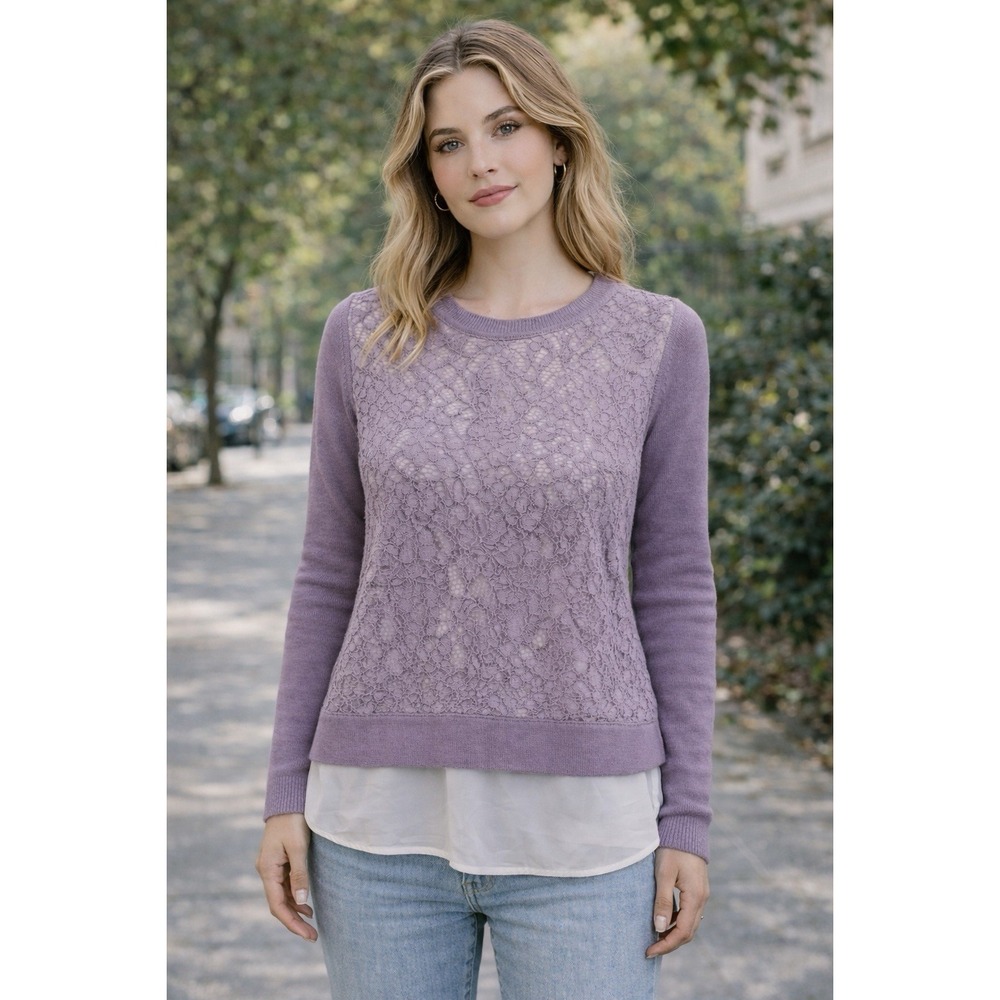 Simply Vera Wang Lace Knit Sweater Purple Layered Hem Romantic Chic Top Size L